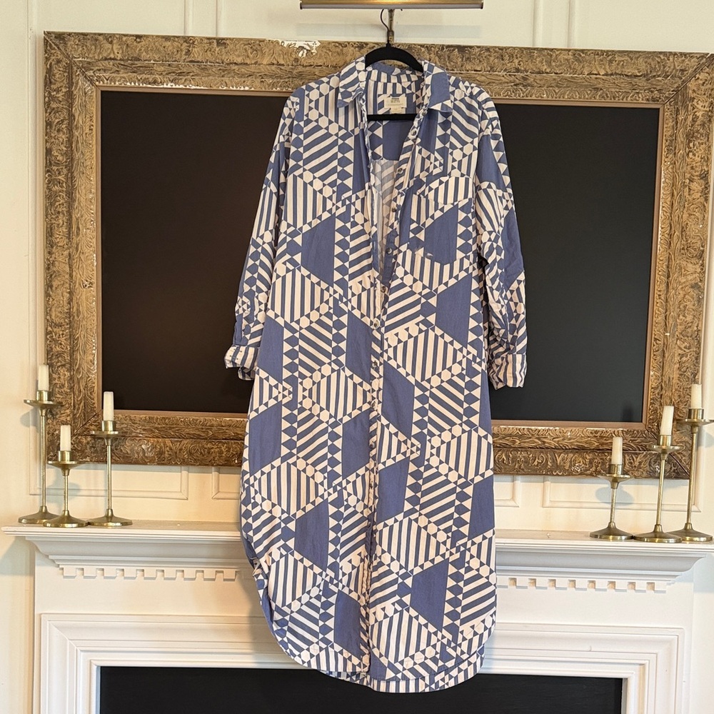 Maeve Blue and White Geometric Long-Sleeve Dress